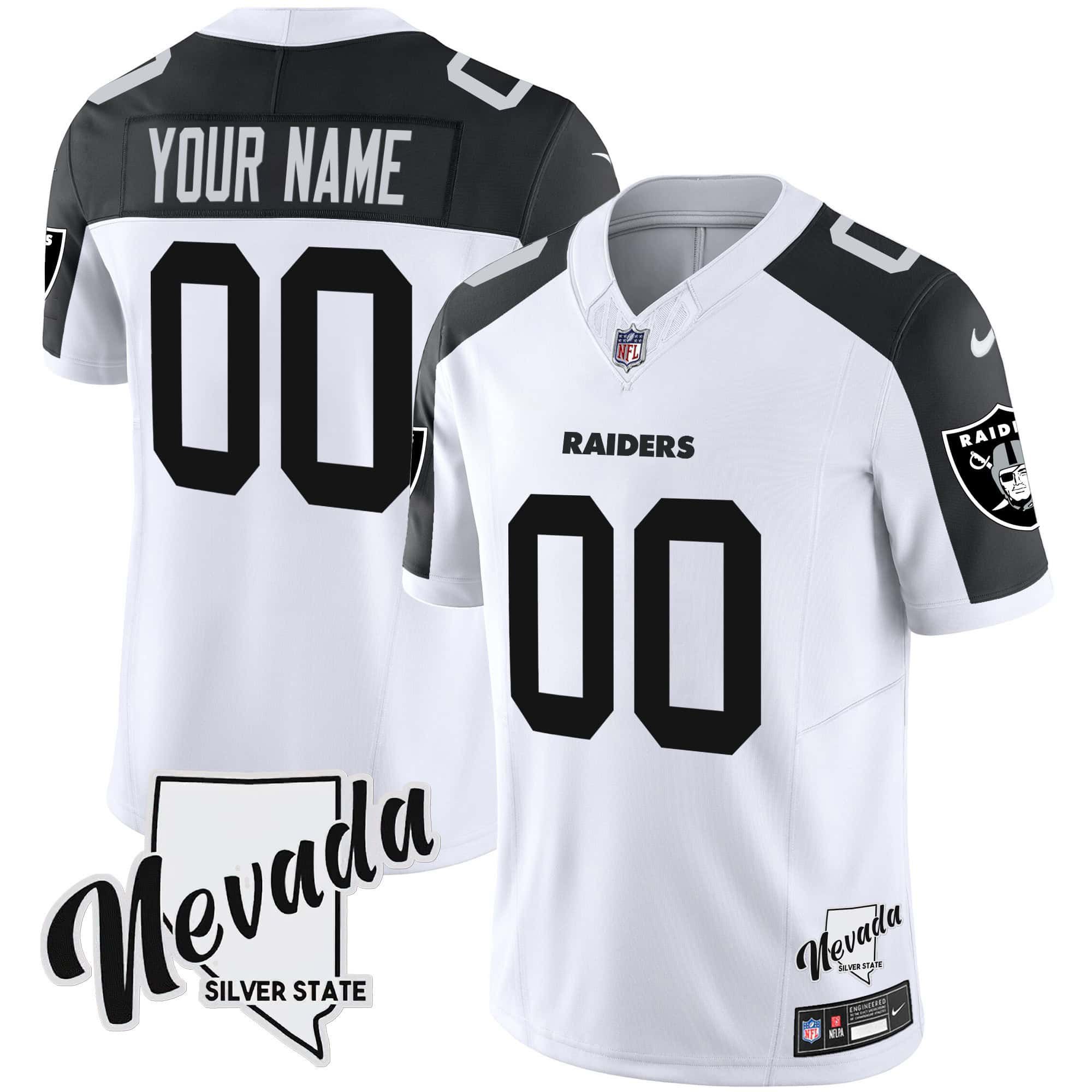 Men Oakland Raiders White 2024 Nike Nevada Silver State Patch Vapor Custom NFL Jersey style 1